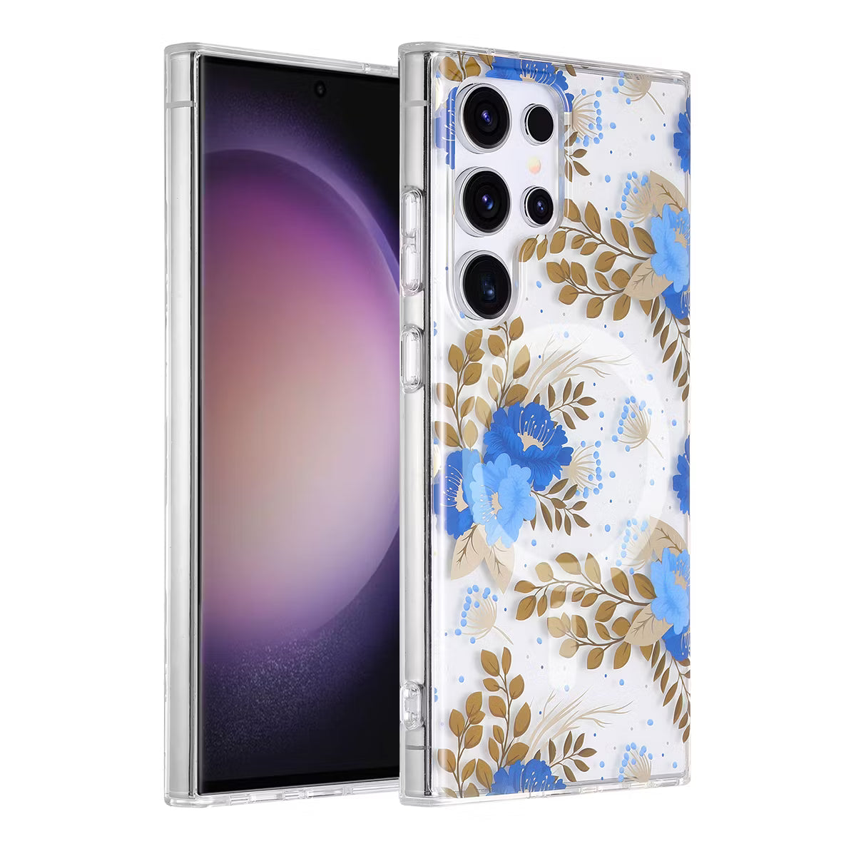 Samsung Galaxy S23 Ultra Mobilskal Magnet - Blommor Blå/Guld