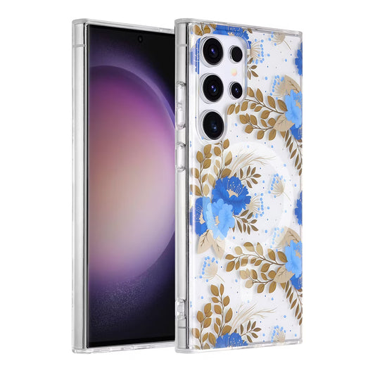 Samsung Galaxy S23 Ultra Magnetic Phone Case - Flowers Blue/Gold